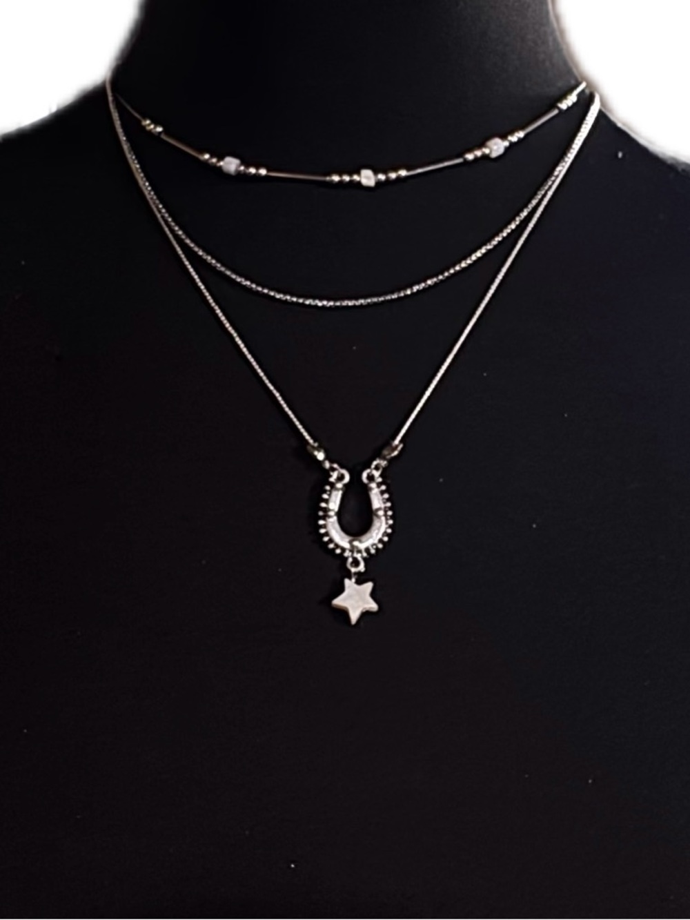 Layered Silver Horseshoe & Star Necklace - Silver - Picture 5 of 5